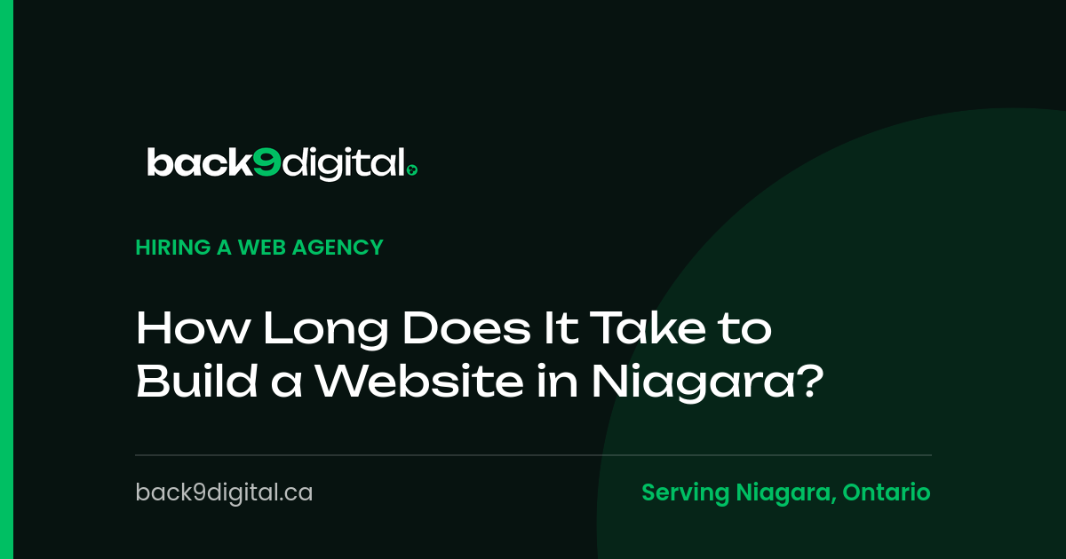 Back9 Digital branded article graphic titled How Long Does It Take to Build a Website in Niagara, in the Hiring a Web Agency category