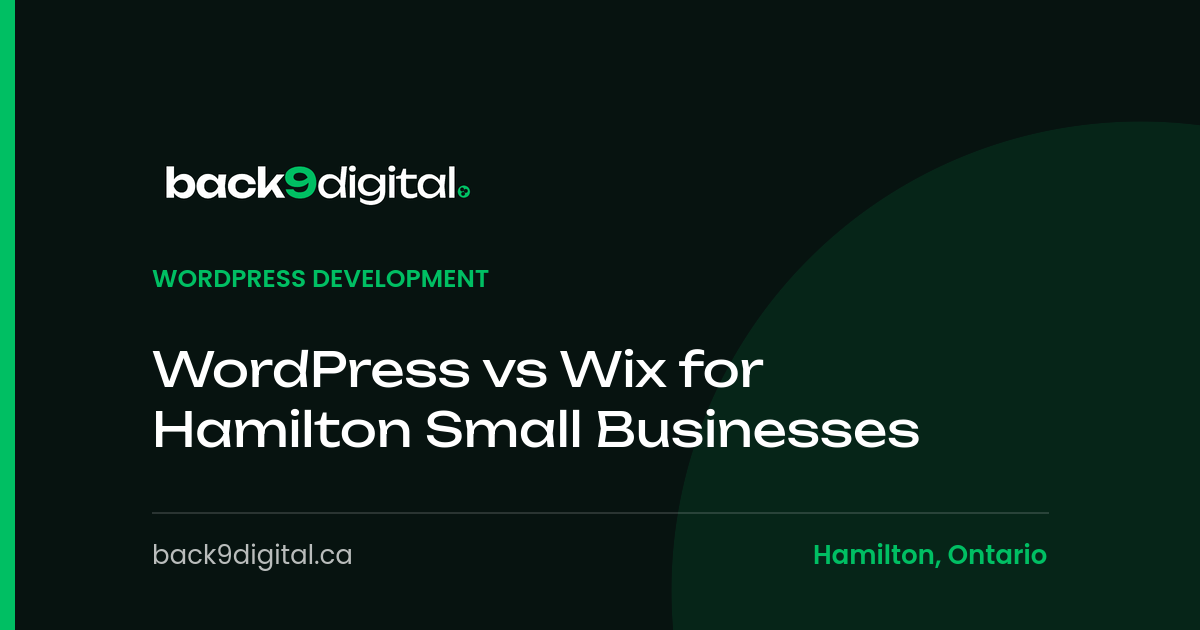 Back9 Digital article graphic titled WordPress vs Wix for Hamilton Small Businesses, in the WordPress Development category