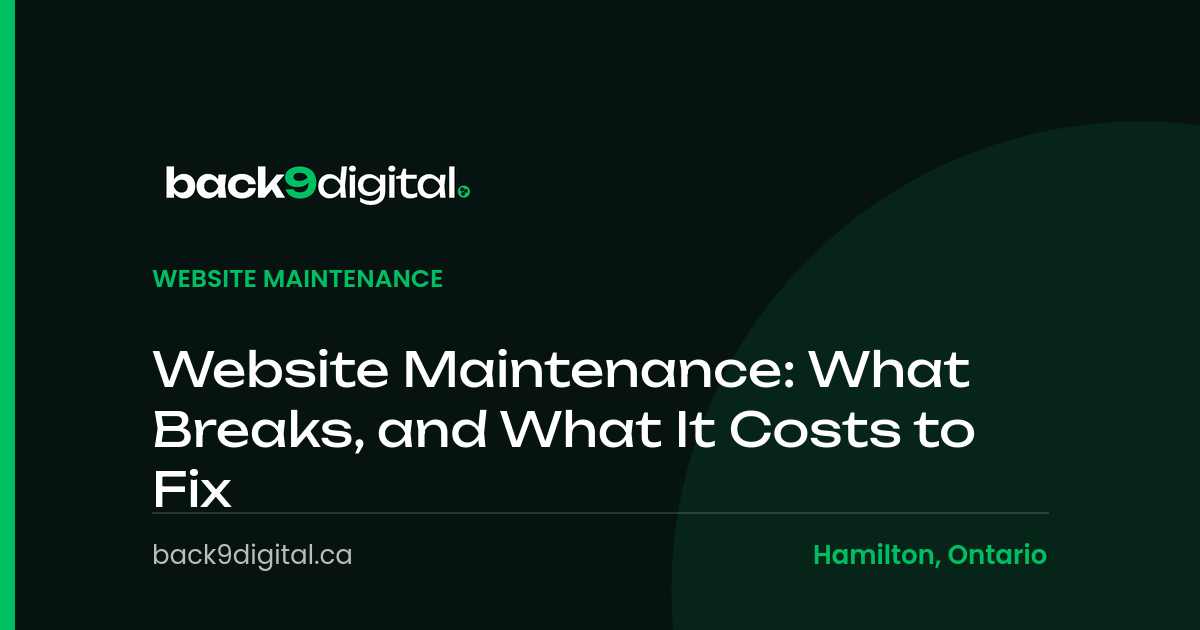Back9 Digital branded article graphic titled Website Maintenance: What Breaks, and What It Costs to Fix, in the Website Maintenance category